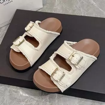 2025 новые летние ретро шлепанцы на толстой подошве с увеличением роста, повседневные, крутые, женская мода, универсальные, на одном слове, с пляжной обувью 35 бежевый