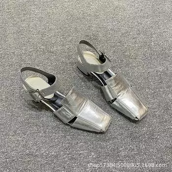 2025 новые летние сандалии с вырезами для женщин, модные универсальные серебристые туфли на массивном каблуке, роскошный дизайн, ремешок с пряжкой, туфли-слингбэки 35