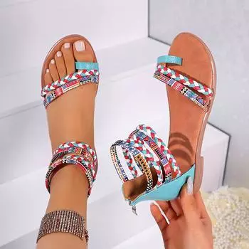 2025 новые летние сандалии в богемном этническом стиле, красочные римские сандалии, большие размеры, плоские сандалии для женщин 35 чёрный