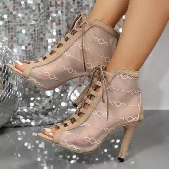 2025 Новые летние сетчатые ботинки на высоком каблуке со шнуровкой и круглым носком, классная дорожная обувь на тонком каблуке, женские сандалии на высоком каблуке 36 чёрный