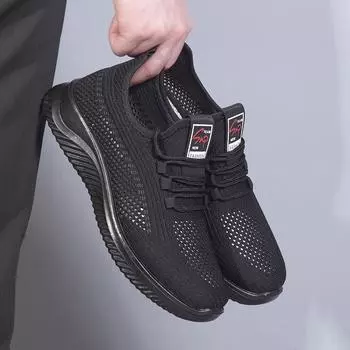 2025 новые летние старые пекинские сетчатые туфли мужские дышащие полые тканевые туфли мужские мягкие подошвы для отцов среднего и пожилого возраста кроссовки 39 черный серый