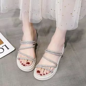 2025 новые летние тапочки со стразами и толстой подошвой, классные женские тапочки, римские сандалии, туфли-феи 35