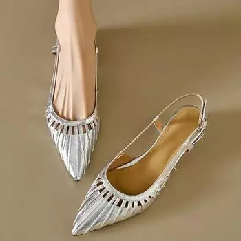 2025 новые модные босоножки с пряжкой из одного слова и сумкой на голове, женские летние золотистые остроконечные плетеные полые босоножки на низком каблуке 35 серебряный