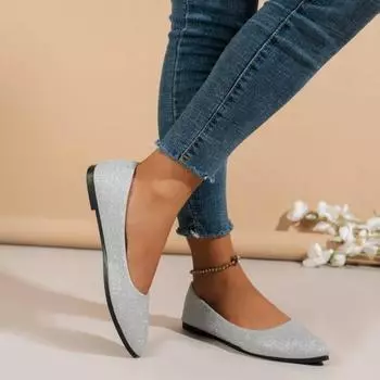2025 новые модные туфли с блестками на плоской подошве, женские туфли Doudou, импортные туфли большого размера с плоским дном и острым носком 35 серебряный