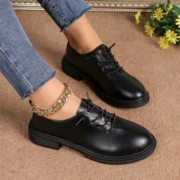 2025 Новые модные универсальные женские осенние туфли на квадратном каблуке для офиса, черные женские туфли-оксфорды на плоской подошве, большого размера, Zapatos Mujer 35 чёрный