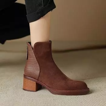 2025 Новые модные женские ботильоны на высоком каблуке, теплая осенняя обувь, женские короткие мотоциклетные ботинки с круглым носком и молнией, новая качественная обувь 34 чёрный