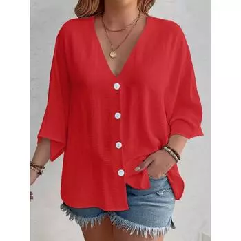 2025 Новые модные женские топы больших размеров, свободные футболки с V-образным вырезом и длинными рукавами, весна-лето, элегантная однотонная повседневная блузка S красный