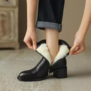 2025 Новые Модные Зимние Ботинки Из Натуральной Кожи Женские Зимние Ботинки Из Натуральной Шерсти Женские Туфли На Молнии Женские Ботинки На Платформе Ботильоны 34 чёрный