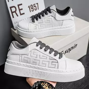 2025 новые мужские летние дышащие сетчатые ажурные белые туфли для мужчин. Модные универсальные спортивные повседневные скейтерские туфли для мужчин. 39