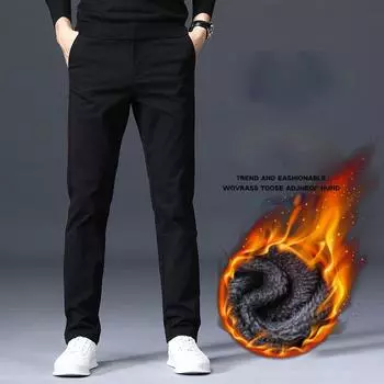 2025 Новые мужские осенне-зимние бархатные/обычные повседневные брюки облегающего кроя с прямыми штанинами, эластичные деловые универсальные длинные брюки 28 чёрный