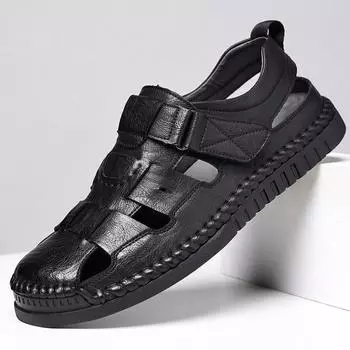 2025 новые мужские сандалии baotou, сшитые вручную, дышащие мужские туфли, пляжная обувь для отдыха на природе, повседневные кожаные сандалии 9986 38 чёрный
