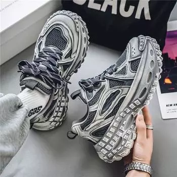 2025 новые мужские туфли летние дышащие сетчатые папы спортивные кроссовки для отдыха на платформе для бега с шинами молодежные кроссовки tide 39 чёрный