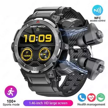 2025 Новые NFC-гарнитура Смарт-часы 2 в 1 TWS Беспроводные наушники Локальный музыкальный звонок Мужские умные часы Мониторинг здоровья Водонепроницаемые спортивные часы чёрный