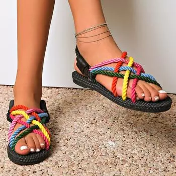 2025 новые персонализированные цветные сандалии с чехлом для ног на плоской подошве из чистого льна ручной работы с плетеной веревкой, полые открытые носки, пляжная обувь для женщин 35