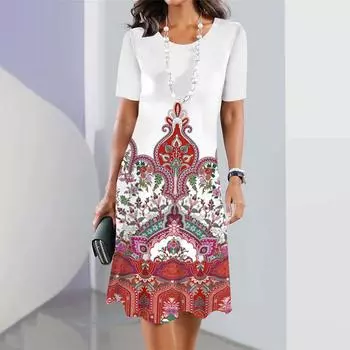 2025 Новые платья с этническим принтом для женщин, элегантные платья миди, летнее женское платье с коротким рукавом, модная одежда больших размеров S