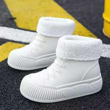 2025 Новые плюшевые галоши, водонепроницаемые резиновые сапоги, женские резиновые туфли на платформе для женщин, резиновые сапоги до щиколотки с широким носком, женская обувь для воды 35