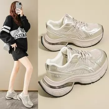 2025 новые повседневные спортивные туфли на платформе, женские сетчатые дышащие туфли для папы, с круглым носком, на шнуровке, маленькие женские туфли, увеличивающие рост 35 серый