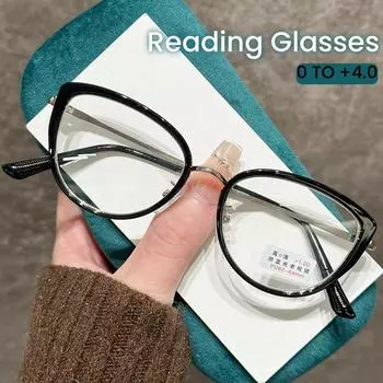 2025 Новые простые и модные очки для пресбиопии с большой оправой «кошачий глаз», прозрачные линзы против синего света, унисекс +300 чёрный