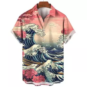 2025 Новые рубашки для мужчин с коротким рукавом, одежда в японском стиле с рисунком укиё-э, свободные летние рубашки в уличном стиле для мужчин M