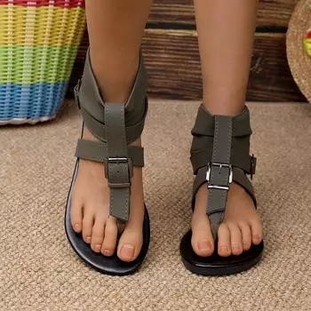 2025 новые сандалии Pinch для женщин на берегу моря, римские каникулы, плоский носок, универсальные ремешки, пляжные женские высокие классные ботинки 36 армия зеленый