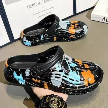 2025 новые сандалии с термопереносом, мужские летние туфли с отверстиями на платформе, мужские тапочки для дома и улицы, подходящие для ношения в двух положениях 39 чёрный