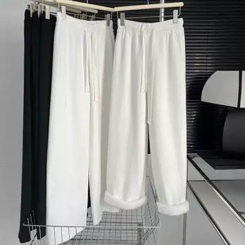 2025 Новые широкие брюки для женщин с высокой талией, мешковатые брюки, женские зимние плиссированные свободные брюки, женские уличные брюки с завязками S бежевый