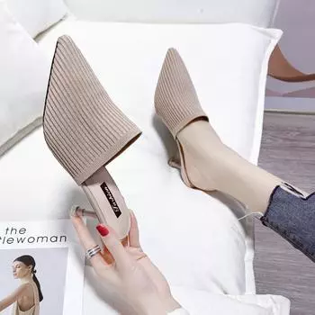 2025 новые тапочки женские туфли летние корейские версии остроконечные головные уборы головные уборы полудраг женские тонкие каблуки средние каблуки классные тапочки женские 34 жёлтый