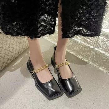 2025 Новые темно-зеленые кожаные туфли женские с металлическими цепями, оксфорды на плоской подошве, женские мюли с квадратным носком, мокасины, туфли на платформе и каблуках 35 чёрный
