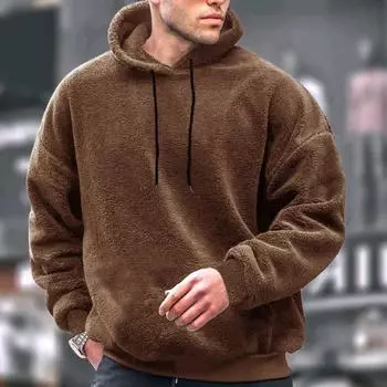 2025 Новые толстовки из овечьей шерсти Зимняя коралловая шерстяная толстовка с капюшоном Однотонная мужская толстовка для бега Модный свободный флисовый пуловер большого размера Уличная одежда S серый