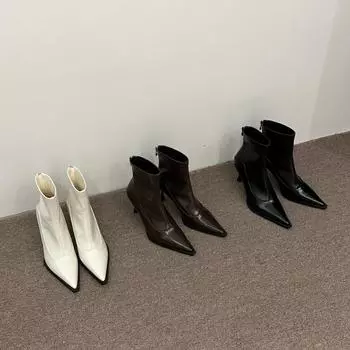 2025 новые тонкие сапоги на тонком каблуке с острым носком темпераментные мягкие кожаные с застежкой-молнией сзади корейская версия универсальные короткие сапоги 35 чёрный