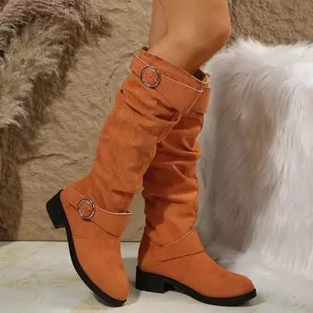 2025 Новые туфли для женщин Классические зимние длинные сапоги с металлической пряжкой Однотонные простые женские сапоги до колена Zapatos 36 чёрный