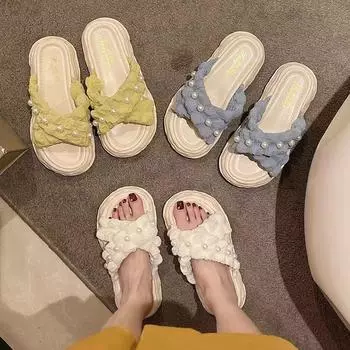 2025 Новые туфли Fairy Style Sponge Cake на толстой подошве для пляжа и пляжа, Ins Pearl Cool Тапочки для женской верхней одежды 36-37 белый