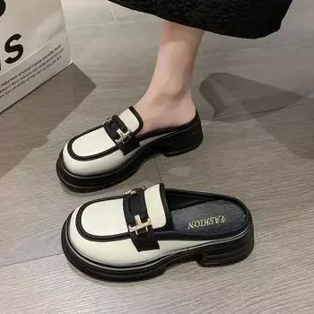 2025 Новые туфли Французские толстые полуподошвы Лоферы Повседневные женские туфли в британском стиле Маленькие кожаные туфли 35 чёрный