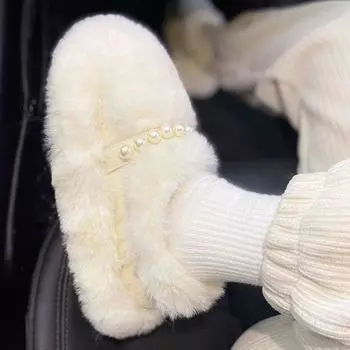 2025 новые туфли из овечьей шерсти и хлопка с жемчугом, жареные уличные туфли из высококачественной шерсти, женские зимние с начесом и утолщением 35