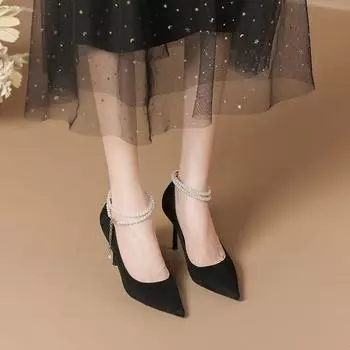 2025 новые туфли-лодочки на шпильке черного цвета с одним словом, красивые женские туфли на высоком каблуке с острым жемчугом, не вызывающие усталости 34