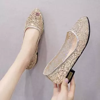 2025 Новые туфли на плоской подошве с полой сеткой, кружевные туфли с острым носком и низким каблуком, женские 36 серебряный