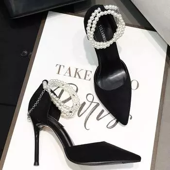 2025 новые туфли на шпильках с острым носком, женские черные замшевые босоножки с пряжкой в виде одного слова, жемчужные туфли на высоком каблуке 34 чёрный
