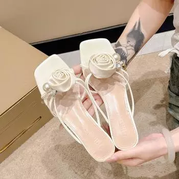2025 новые туфли на высоком каблуке с цветочным принтом, стиль феи, модные сандалии с тонкими жемчужинами и квадратной головкой 35