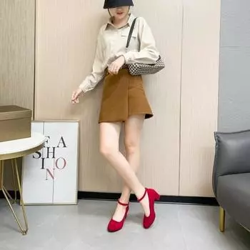 2025 новые туфли на высоком каблуке женские с круглым носком, толстый каблук, односложная пряжка, светлый рот, замшевые туфли большого размера для женщин 35 красный