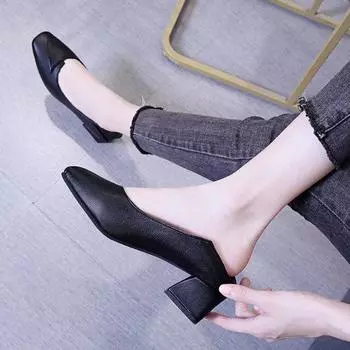 2025 новые туфли на высоком каблуке женские корейские туфли с квадратным носком толстые каблуки высокие каблуки модные туфли на высоком каблуке модные одинарные туфли женские туфли 34 абрикосовый