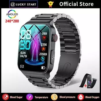 2025 Новые умные часы Blood Health High-end для мужчин AMOLED 1,92 дюйма HD с монитором температуры тела ЭКГ, мониторингом артериального давления, водонепроницаемые умные часы для здоровья Silicon чёрный