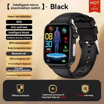 2025 Новые умные часы для здоровья с ИИ-диагностикой для женщин, функция ЭКГ и ВСР, артериальное давление, мочевая кислота, липиды, BT-звонок, умные часы для женщин Black Silicone