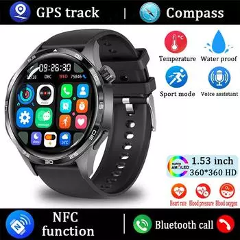 2025 Новые умные часы GT5 PRO для мужчин, часы 5 Pro, AMOLED, HD-экран, Bluetooth, вызов, GPS, траектория, NFC, компас сердечного ритма, умные часы silicone belt чёрный