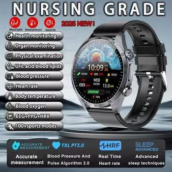 2025 Новые умные часы с пульсовой терапией ЭКГ Мочевая кислота Кислород крови Пульс Артериальное давление CES Монитор здоровья сна Мужские умные часы для HUAWEI Black-Silicone