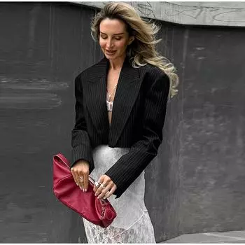 2025 Новые весенне-осенние винтажные пальто для женщин, модные куртки с длинным рукавом во французском стиле, полосатые куртки с отложным воротником, верхняя одежда для поездок на работу S чёрный