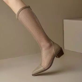 2025 новые весенние и летние сапоги женские толстые сетчатые сапоги полые прохладные сапоги летние дышащие тонкие сетчатые сапоги 35 абрикосовый