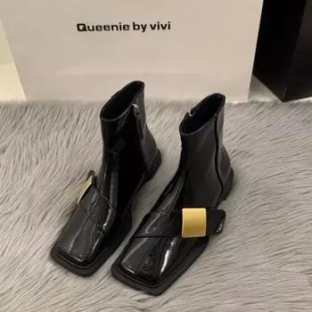 2025 новые весенние и осенние универсальные одинарные ботинки темпераментные ботинки Martin черные квадратные тонкие французские короткие ботинки женские туфли Send 1 pair of half-size pads