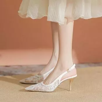 2025 новые весенние кружевные полые сетчатые заостренные каблуки женские тонкие каблуки сексуальные босоножки 34