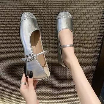 2025 новые весенние туфли французской марки Mary Jane, модные серебристые туфли с юбкой, одна педаль, плоские одинарные туфли женские 34 серебряный