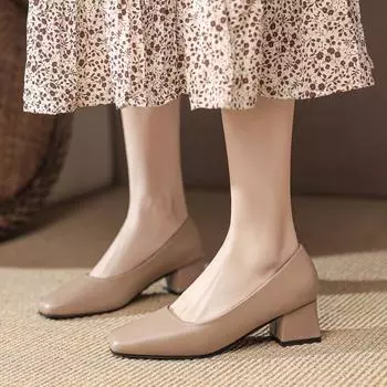 2025 новые весенние туфли с квадратной головкой и толстым каблуком, черные рабочие туфли из кожи, большой размер 41, женская обувь 35 белый